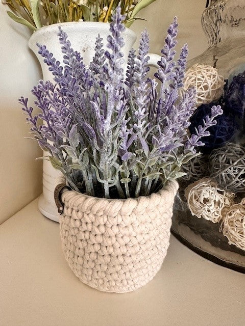 Faux plants with crochet pot covers